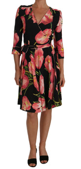 Dolce & Gabbana Black Pink Tulip Print Stretch Shift Dress -   -  Dolce & Gabbana.